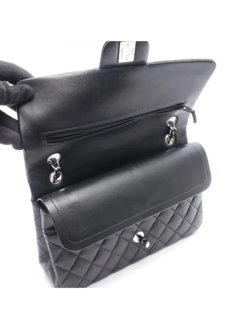 Chanel Shoulder Bag Quilted Double Flap Black Lambskin Chain